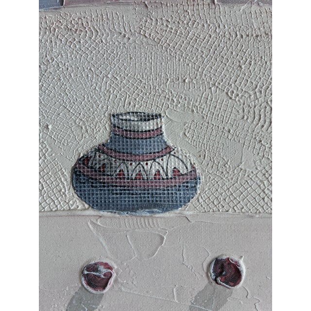Native American Original Painting of a Pueblo Scene. Textured Oil With Mixed Media, Rug Is Wool. Signature Appears to Say “Pilar”. Likely From 1980s. For Sale - Image 3 of 10