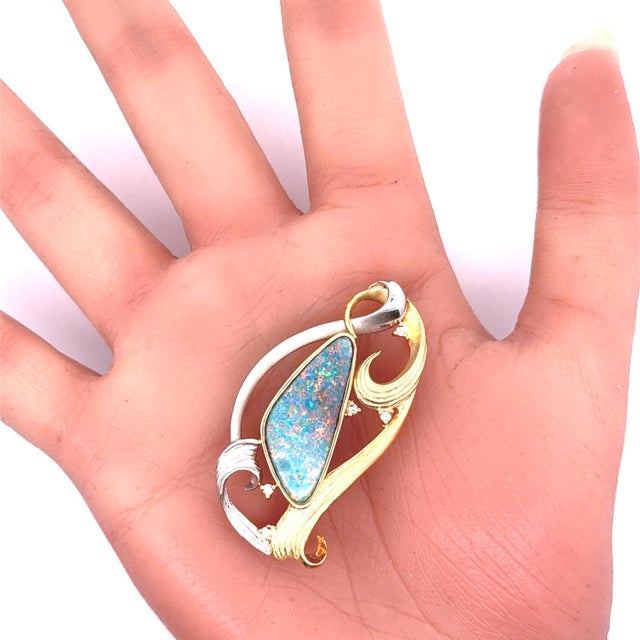 9.83 Carat Boulder Opal Diamond Platinum-18k Yellow Gold Brooch-Pendant For Sale In Los Angeles - Image 6 of 6