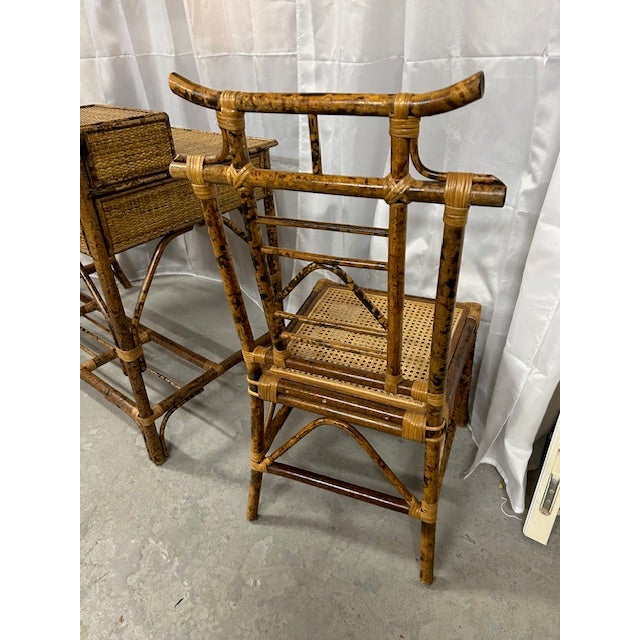 Vintage Burnt Bamboo Rattan Pagoda Desk With Chair For Sale - Image 10 of 14
