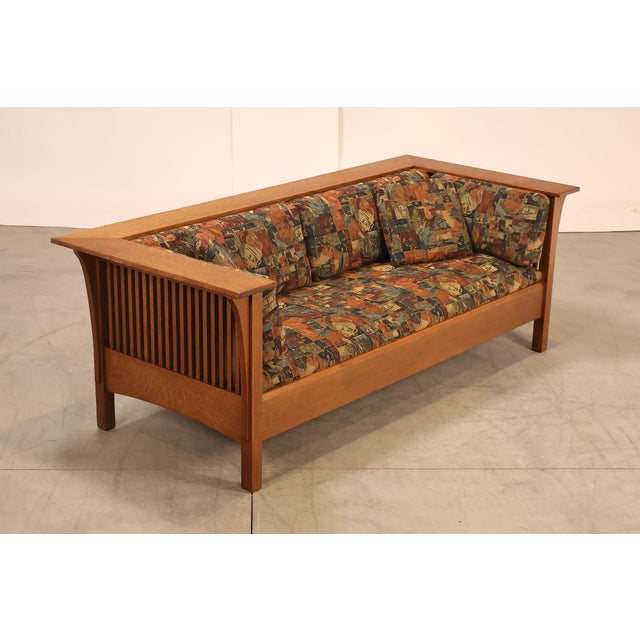 High Quality American Made Oak Spindle Sofa with Custom Upholstered Cushions