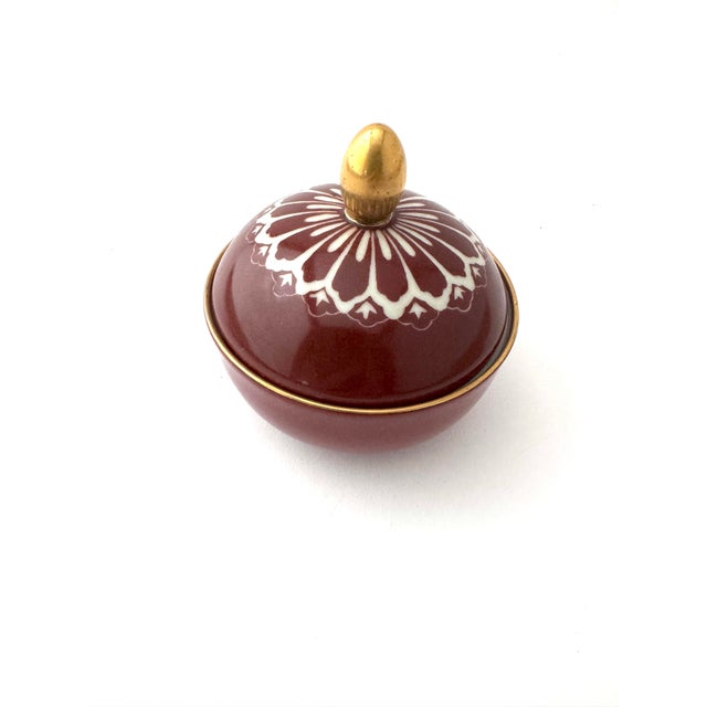 Ceramic Signed Vintage Suisse Langenthal Oxblood Porcelain Lidded Trinket Box With Gold Finial For Sale - Image 7 of 10