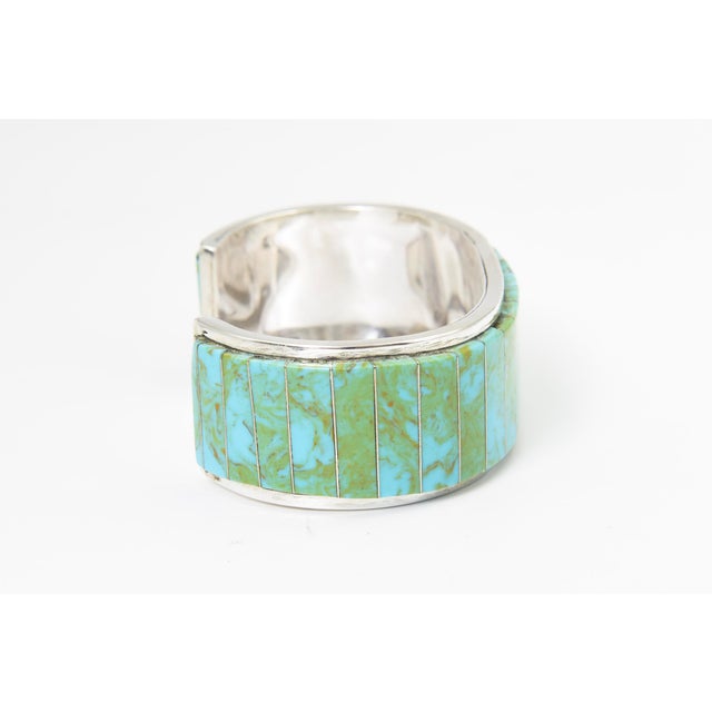 Late 20th Century Vintage Teme Southwestern Turquoise Channel Inlay Sterling Silver Cuff for a Man or Large Woman's Wrist For Sale - Image 5 of 11