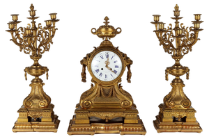Triptych Clock & Candleholders in Bronze, France, 19th Century, Set of 3