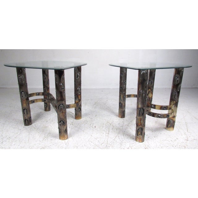 Brutalist Torch Cut Brass Table Set with Glass Tops - Set of 3 For Sale - Image 12 of 12