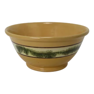 Large 15 Inch Size Antique Green Seaweed Decorated Yellow Ware Kitchen Mixing Bowl