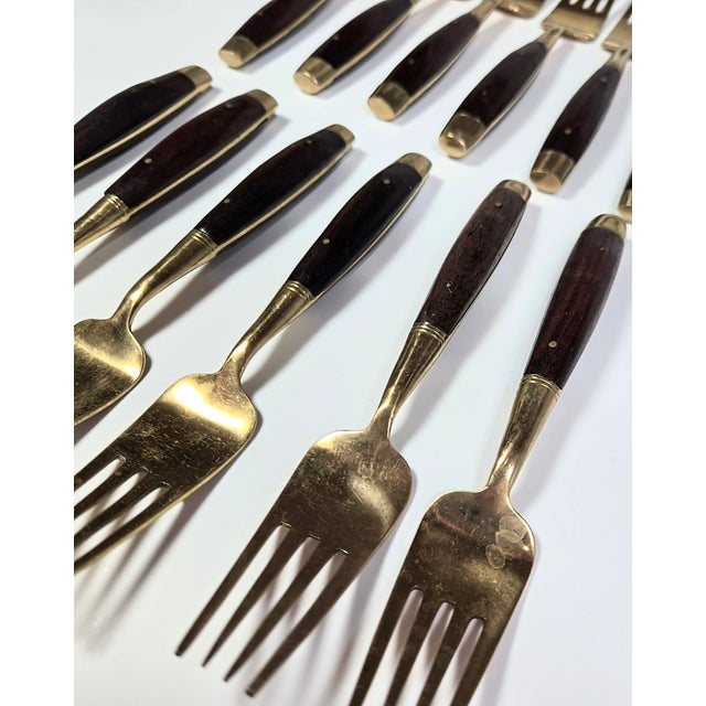 Wood Midcentury Rosewood and Brass Salad Forks- Set of Twelve For Sale - Image 7 of 11