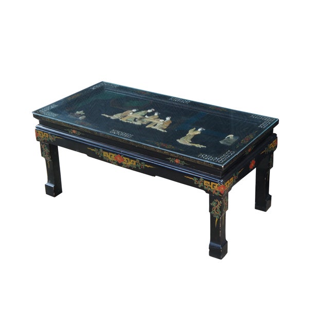 A beautiful hand painted Chinese folding coffee table, circa 1960s. Features a hardwood frame with black lacquer finish...