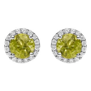 10K White Gold Green Peridot and 1/6 Cttw Diamond Halo Stud Earring For Sale