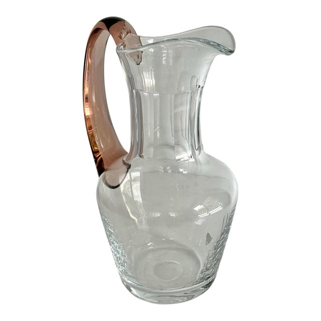 Vintage Orrefors Sweden Glass Pitcher With Pink Handle For Sale