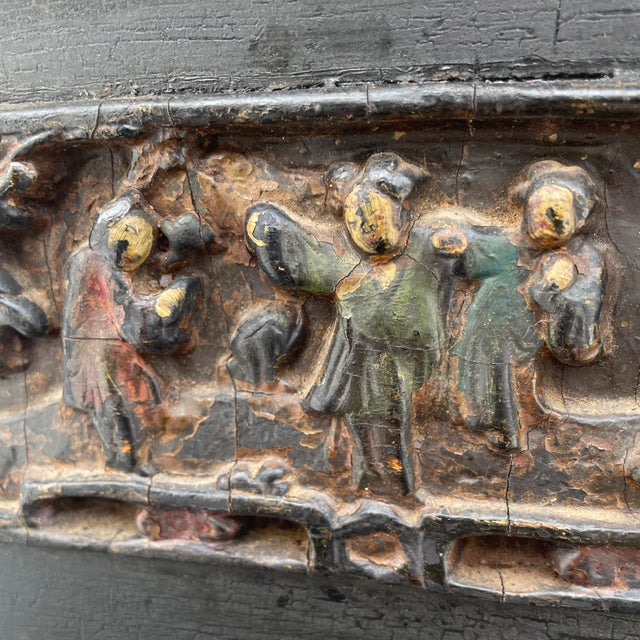 Antique Turn of the Century Chinoiserie Side Table With Hand-Carved and Painted Scenes For Sale - Image 9 of 10