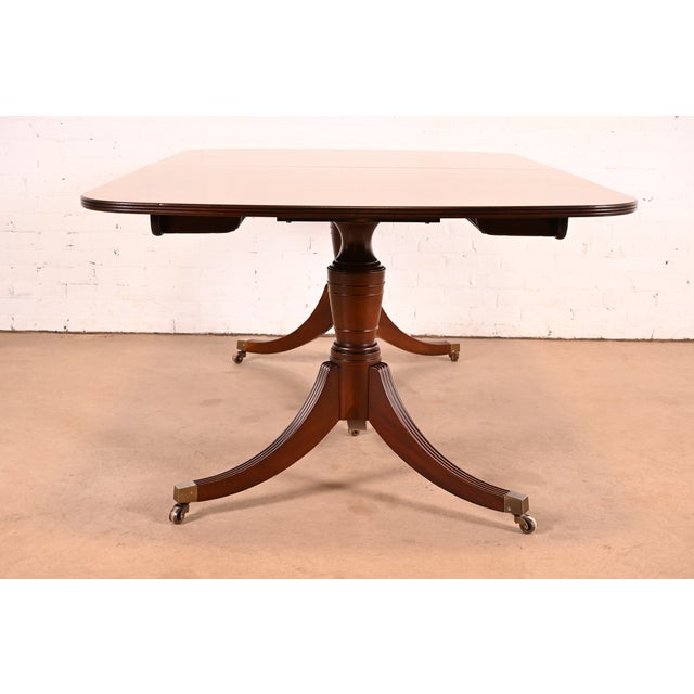 Baker Furniture Georgian Banded Mahogany Double Pedestal Extension Dining Table | Newly Refinished For Sale - Image 11 of 13