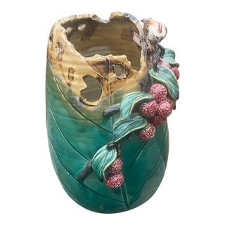 Majolica Vase With Birds and Berries For Sale