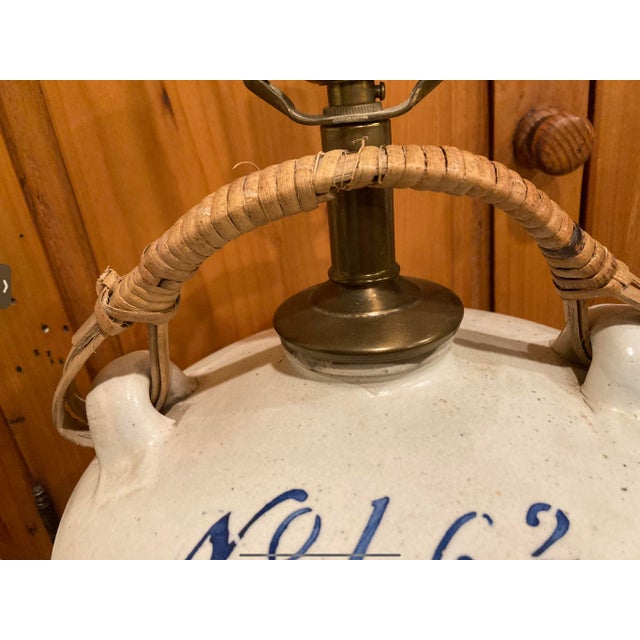 Japanese Vintage Japanese Sake Jug Lamp – Hand Painted Ceramic Vessel With Blue Calligraphy & Woven Handle For Sale - Image 3 of 8