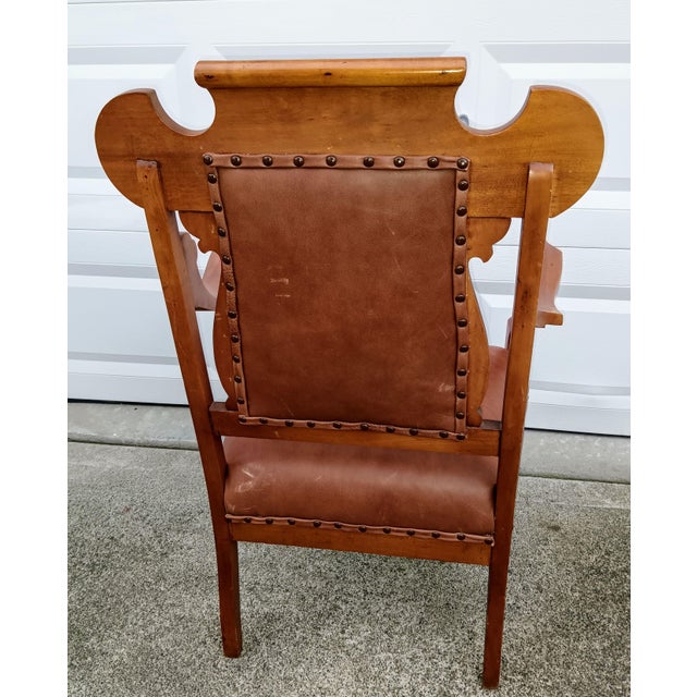 Wood Rare Antique Victorian Carved Oak & Leather Throne Armchair With Matching Ottoman For Sale - Image 7 of 12