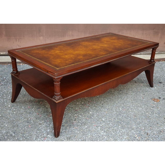 1940s English Regency Style Tooled Leather Inset Mahogany Two-Tier Coffee Table For Sale - Image 12 of 15