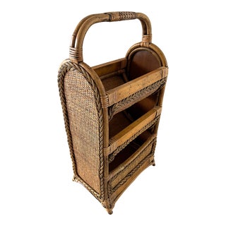 Mid Century Bamboo and Woven Rattan Three Tier Magazine Book Rack For Sale