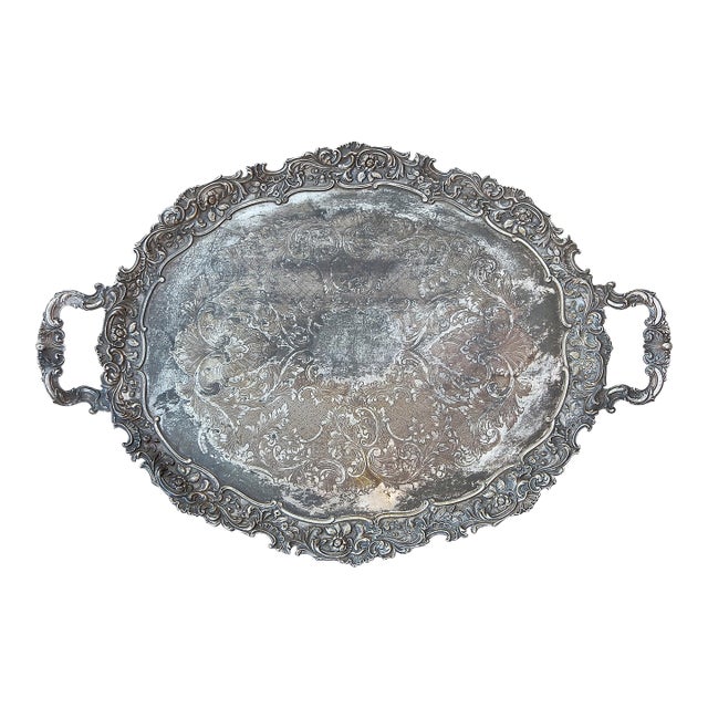 Enormous Ornate Silverplate Serving Bar Tray Dated 1955 For Sale