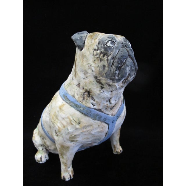 Studio pottery art sculpture of a pug with realistic features. Textured ceramic, hand painted with blue harness....