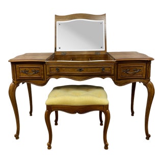 Vintage Thomasville French Provincial Style Walnut & Oak Vanity and Bench For Sale