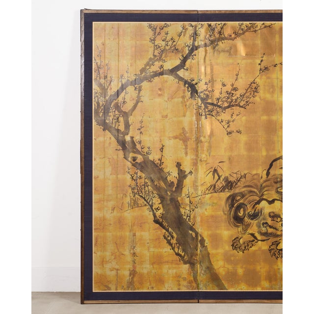 Japanese Mid 20th Century Japanese Showa Four Panel Screen Pair of Karashishi Foo Dogs For Sale - Image 3 of 18