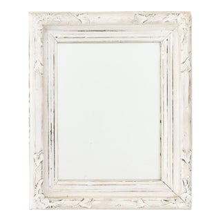 Folk Art White Painted Carved Wood Framed Mirror For Sale