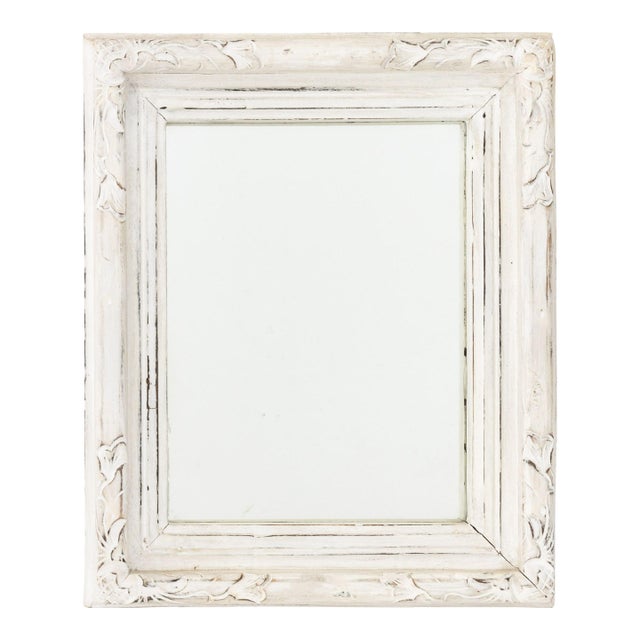 Folk Art White Painted Carved Wood Framed Mirror For Sale