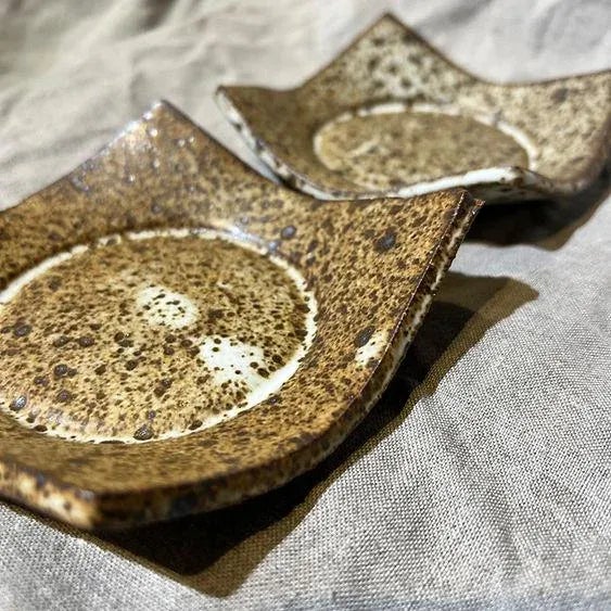 Mid-Century Modern Wabi-Sabi Speckled Stoneware Appetizer Plates- Set of 2 For Sale - Image 3 of 4
