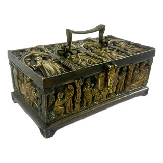 Antique Gothic Revival Bronze Jewelry Box with Religious Scenes, 19th Century For Sale