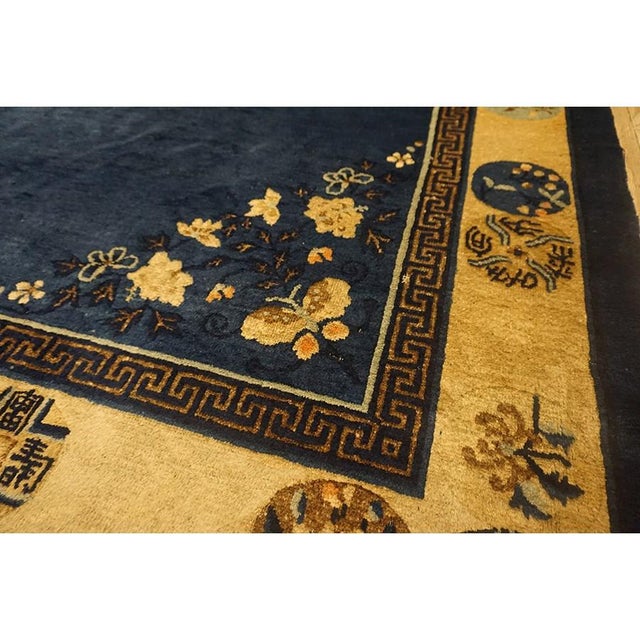 Navy Blue 1920s Navy Field Medallion Floral Greek Key Antique Chinese Peking Rug For Sale - Image 8 of 9