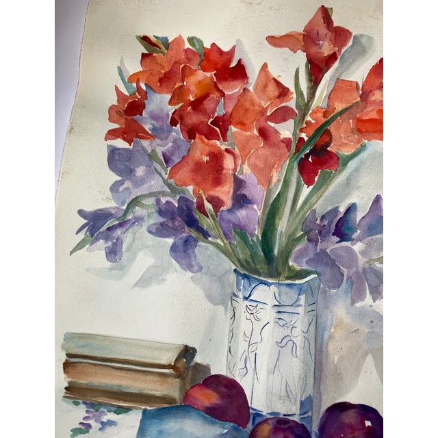 1980’s Original Impressionist Floral Still Life Watercolor Painting With Fruit For Sale - Image 4 of 5