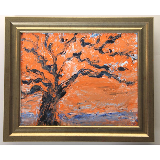 An oil painting of an abstract tree boldly painted in a traditional Japanesque or Chinoiserie style in indigo blue and...