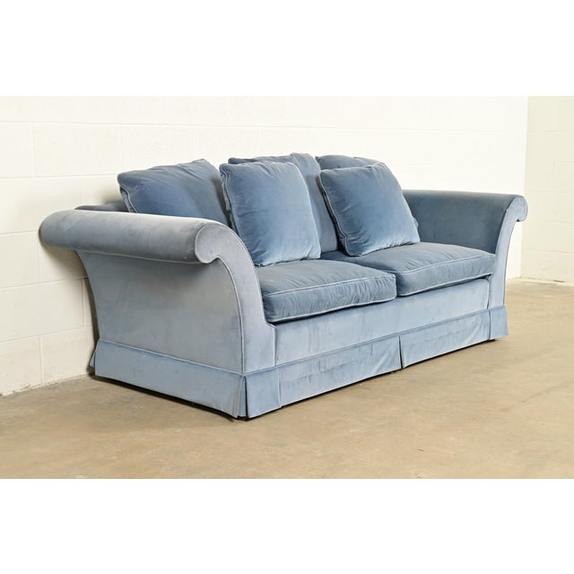 Baker Furniture Company Baker Furniture Blue Velvet Upholstered Roll Arm Sofa For Sale - Image 4 of 13