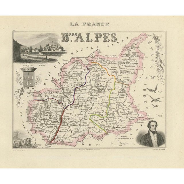 Cream Map of Basses-Alpes France with Digne and Lavender Region by Vuillemin, c.1850 For Sale - Image 8 of 10