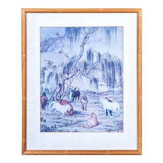 Late 20th Century Framed Giuseppe Castiglione Eight Horses Chinoiserie Print in Faux Bamboo Frame For Sale