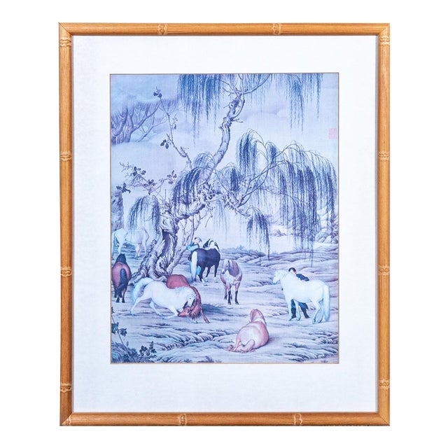 Late 20th Century Framed Giuseppe Castiglione Eight Horses Chinoiserie Print in Faux Bamboo Frame For Sale