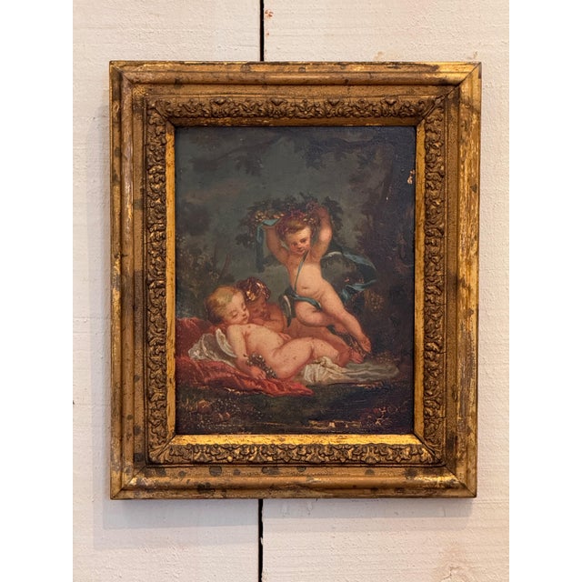 Wood 19th Century Pair of Continental Paintings Depicting Cherubic Figures For Sale - Image 7 of 7