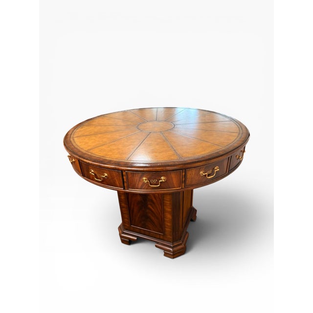 Wood Vintage Maitland-Smith Rotating Rent Table / Drum Table in Mahogany & Burlwood – Alphabetized Drawers – 42” Round For Sale - Image 7 of 18
