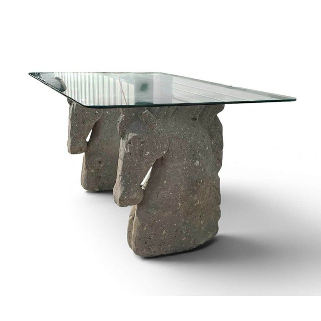 Gray Vintage Custom Chisled Stone/Concrete Horse Head, Glass Top Desk/Table For Sale - Image 8 of 13
