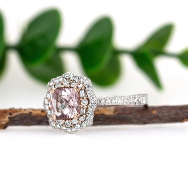 2020s Cor De Rosa Morganite Double Diamond Halo Ring in Solid 14k Gold | Cu 6mm, Size 6.75 For Sale - Image 5 of 8