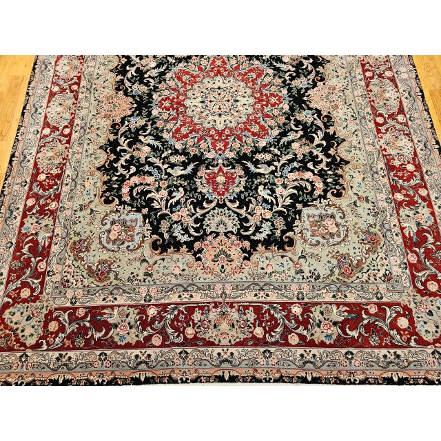Vintage Persian Tabriz Rug, Hand-Knotted Wool & Silk, Floral Garden Pattern, Black & Red, 8x10 For Sale - Image 17 of 18