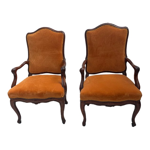 Pair of 18th Century Italian Walnut Upholstered Arm Chairs For Sale