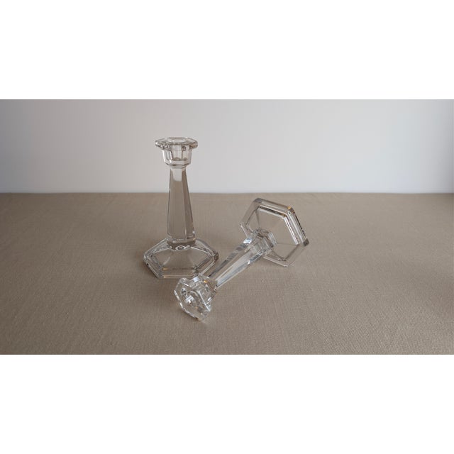 Mid 20th Century Pair of Vintage Clear Glass Candlesticks Candle Holders With Hexagonal Bases For Sale - Image 5 of 6