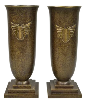 Antique French Art Deco Bronze Fluted Altar Vase W/ Butterfly Moth - A Pair