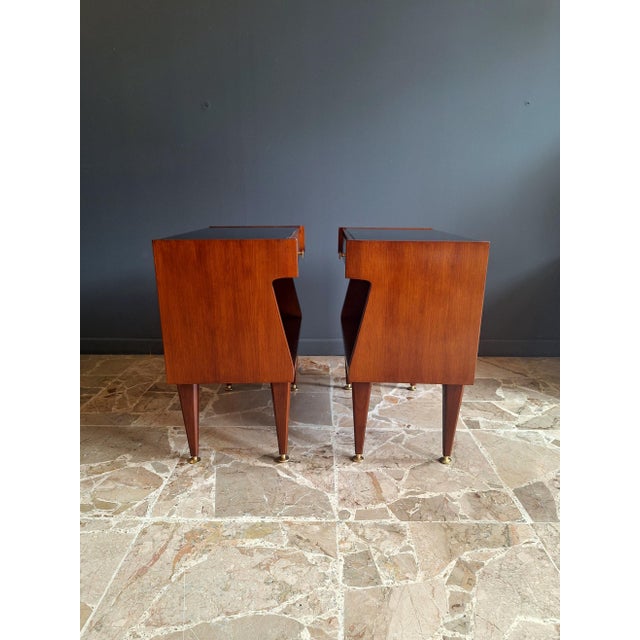 1960s Vintage Italian Teak and Glass Bedside Tables, 1960s, Set of 2 For Sale - Image 5 of 11