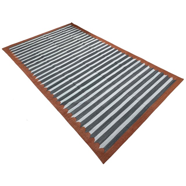 Sky Blue Handmade Cotton Area Rug, Vegetable Dyed, Sky Blue, Gray and Terracotta Striped Dhurrie -8'x12' For Sale - Image 8 of 13