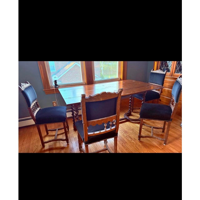Ornate Antique Wood Drop Leaf Dining Table Set W 3 Chairs / Entryway Table For Sale - Image 4 of 11