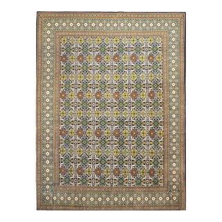 Antique Persian Tabriz Wool 10X14 Green, Yellow & Ivory Handmade Area Rug #9902346 For Sale