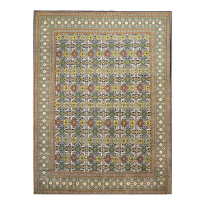Antique Persian Tabriz Wool 10X14 Green, Yellow & Ivory Handmade Area Rug #9902346