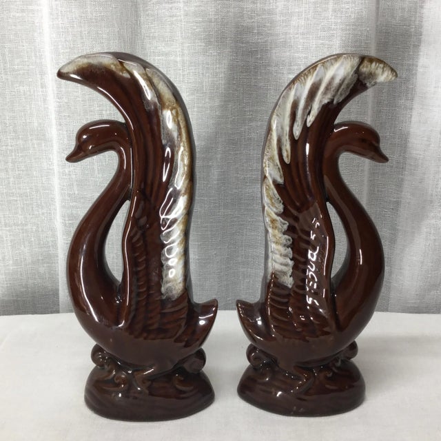 Mid-Century Art Deco Boho Chic Swans in Brown Glaze Ceramic With White Tips - A Pair For Sale - Image 9 of 9
