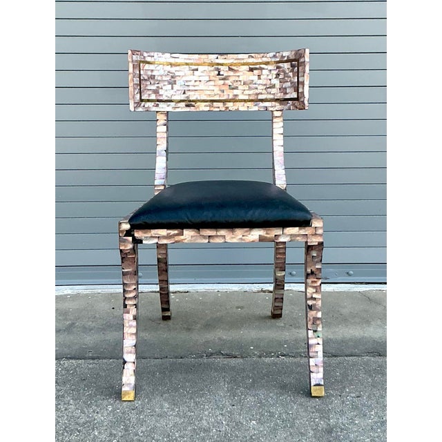Pink Vintage Boho Maitland Smith Tessellated Capiz Shell Klismos Chair For Sale - Image 8 of 12